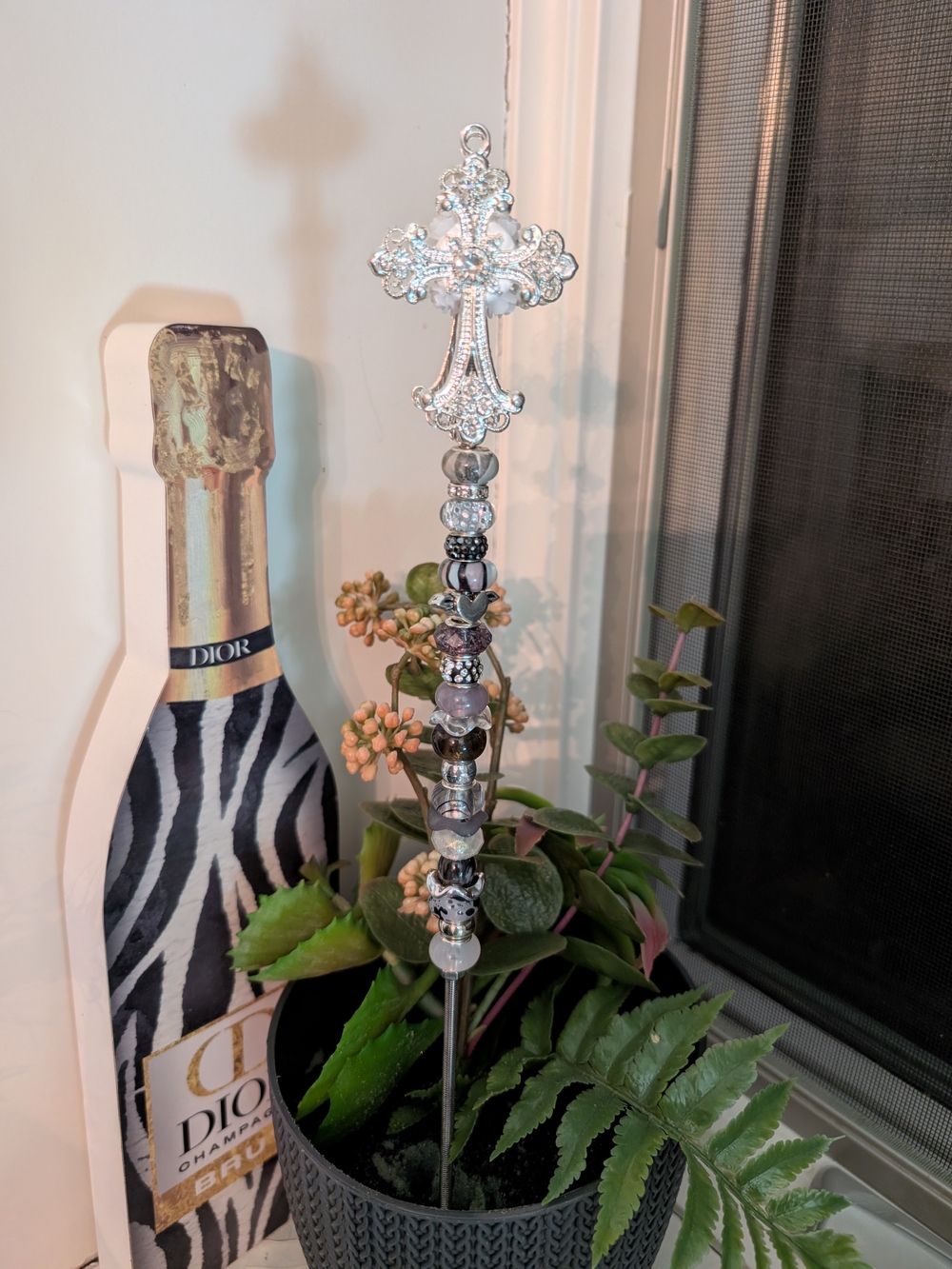 Hand Made Fairy Wand/Plant/Garden Stake W/Cross Topper